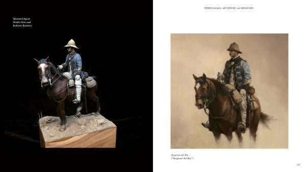On the left is Ferrer-Dalmau, a realistic mounted figure model by Schiffer Publishing, Ltd., while the right displays an artwork in Augusto Ferrer-Dalmau's style, emphasizing historical realism against a neutral background.
