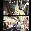 Top: Person spray painting a graffiti mural at night. Bottom: Person in a blue cap poses inside a NYC subway car covered in vibrant graffiti, as seen in "New York City Graffiti" by Schiffer Publishing, Ltd.