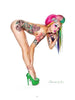 A woman with colorful hair, bold makeup, green high heels, and tattoos poses in a modern pin-up style, echoing Robert Alvarado’s work as featured in "Alvarado's Classic Modern Pin-ups" by Schiffer Publishing, Ltd.