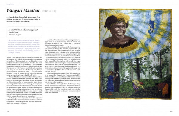 A magazine spread from Schiffer Publishing, Ltd.'s HERstory Quilts features Wangari Maathai: text on the left and a vibrant painting on the right showing her smiling amid trees, lush greenery, and a blue canopy above.