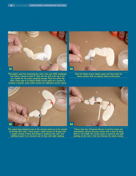Step-by-step photo tutorial from Schiffer Publishing, Ltd.’s "Power Carving a Chesapeake Bay Blue Crab," shows hands shaping, sanding, gluing, and painting wooden pieces on a blue background, with clear instructions in yellow boxes.