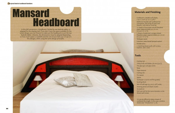 A bed from "The Great Book of Cardboard Furniture" by Schiffer Publishing, Ltd. features a geometric mansard-style headboard with red panels, dark wood trim, eco-friendly materials, and includes instructions in text panels.