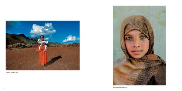 Left: A young girl in an orange dress holds a white goat outdoors; right: Close-up of a girl with blue-green eyes in a brown headscarf. Both images are from "Human Tribe" by Schiffer Publishing, Ltd.