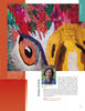 A vibrant textile artwork of a rooster’s face features in "Eagle Motifs in America" by Schiffer Publishing, Ltd., alongside artist Grace Errea’s profile and biography on a “California” magazine page, showcasing her patriotic quilt designs.
