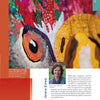 A vibrant textile artwork of a rooster’s face features in "Eagle Motifs in America" by Schiffer Publishing, Ltd., alongside artist Grace Errea’s profile and biography on a “California” magazine page, showcasing her patriotic quilt designs.