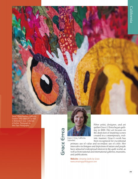 A vibrant textile artwork of a rooster’s face features in "Eagle Motifs in America" by Schiffer Publishing, Ltd., alongside artist Grace Errea’s profile and biography on a “California” magazine page, showcasing her patriotic quilt designs.