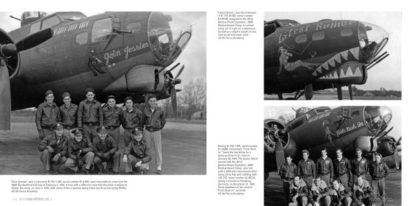 A black-and-white magazine spread from B-17 Flying Fortress, Vol. 2 by Schiffer Publishing, Ltd. shows Palm Jessie and its crew (left), and Memphis Belle with another bomber and their crews (right), all posing in front of the planes.