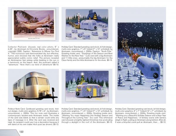 Catalog page features "Airstream Memories" holiday cards and postcards by Schiffer Publishing, Ltd., with images of Airstream trailers in snowy and tropical settings, plus festive scenes like Santa’s sleigh pulled by a blue trailer.