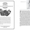 Two pages from "Fly Fishing the Tidewaters of Maryland's Chesapeake Bay" by Schiffer Publishing, Ltd. Left page: flowers, cows, and text titled "April: Hope and Rain on the Susquehanna Flats." Right page: text and a foggy tree photo.