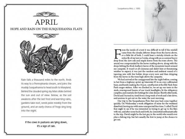 Two pages from "Fly Fishing the Tidewaters of Maryland's Chesapeake Bay" by Schiffer Publishing, Ltd. Left page: flowers, cows, and text titled "April: Hope and Rain on the Susquehanna Flats." Right page: text and a foggy tree photo.