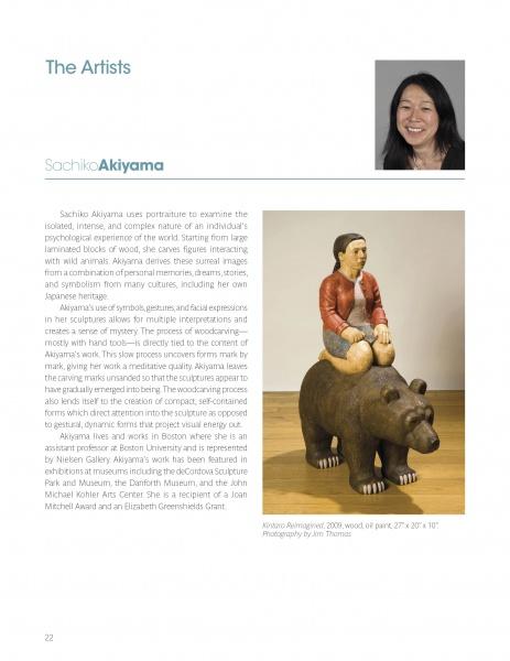 A page from 100 Boston Artists by Schiffer Publishing, Ltd. spotlights Sachiko Akiyama, featuring her portrait, her wooden sculpture "Aviator Akiyama" (2009), and an overview of her impact on Boston’s art scene.