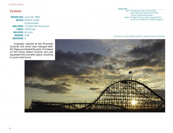 A wooden roller coaster is silhouetted against a dramatic sunset, with profiles and stats about the Cyclone shown on the left. Featured in "American Coasters" by Schiffer Publishing, Ltd.