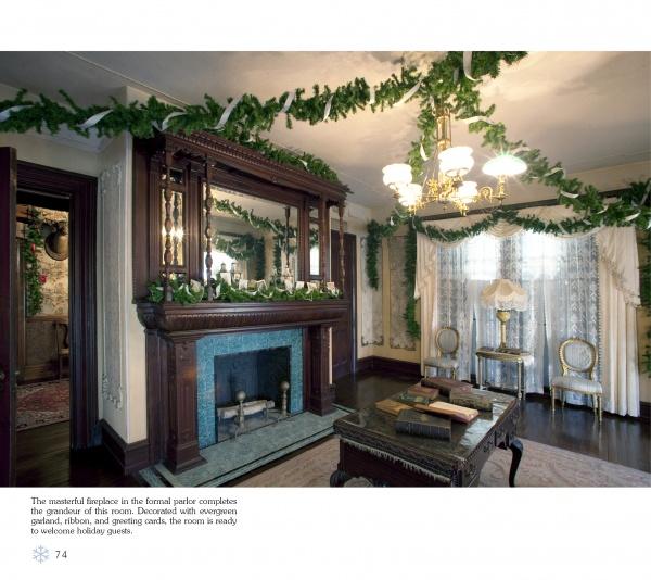 Cape May Perspectives by Schiffer Publishing, Ltd. showcases a formal parlor adorned for the holidays with garlands, ribbons, and candles, highlighting Victorian architecture, an ornate fireplace, chandelier, books, and lace-curtained windows.