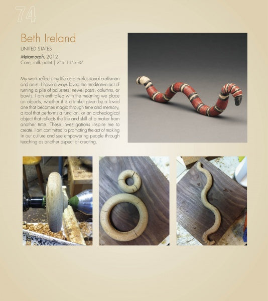 Robin Wood's CORES Recycled by Schiffer Publishing, Ltd. is a wavy, snake-shaped wooden sculpture made from recycled wood art, painted in red, white, and brown stripes, shown with in-progress photos, artist statement, and artwork details.