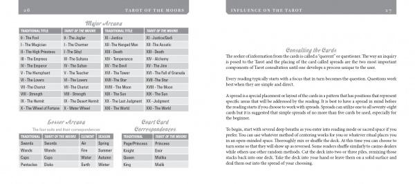 A two-page spread from Schiffer Publishing, Ltd.'s Tarot of the Moors guidebook features tables for Major Arcana, Minor Arcana, and Court Card correspondences on the left and card consultation instructions on the right.