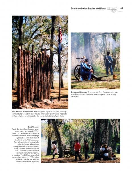 A page from "Florida At War" by Schiffer Publishing, Ltd. shows a log fort, cannon-firing soldiers, and reenactors. Text discusses Fort Cooper, Seminole Indian Battles, and Florida forts’ impact on military history.