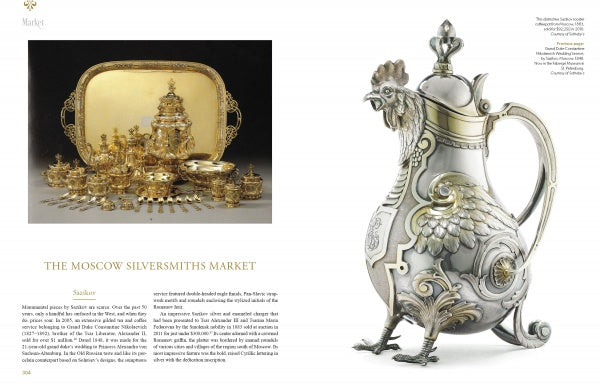 Beyond Fabergé" by Schiffer Publishing, Ltd. showcases ornate silver and gold tableware—cups, bowls, and containers crafted by imperial Russian jewelers, plus a lion’s head spouted pitcher inspired by Romanov splendor.