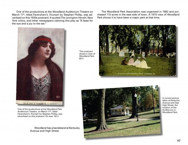 Lexington, Kentucky by Schiffer Publishing, Ltd. features a collage of historic images: a sepia actress portrait, black-and-white Woodland Park bandstand, and three women in colorful dresses relaxing on grass under trees in Woodland Park.