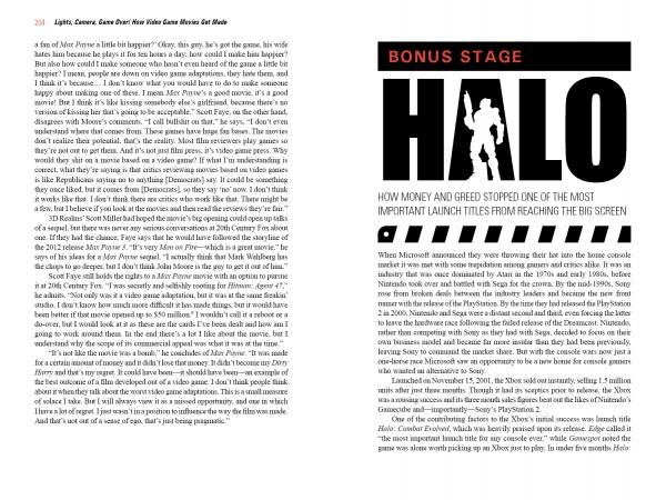 A magazine page titled BONUS STAGE: HALO features an article on how money and greed in Hollywood blocked a film adaptation of the hit video game, as seen in “Lights, Camera, Game Over!” by Schiffer Publishing, Ltd., with two-column text and a soldier silhouette.