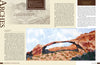 A magazine spread from "Inspired by the National Parks" (Schiffer Publishing, Ltd.) features text about Arches National Park, a quilt-like illustration of Landscape Arch, and a small top-left photo of another national park arch.