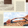 A magazine spread from "Inspired by the National Parks" (Schiffer Publishing, Ltd.) features text about Arches National Park, a quilt-like illustration of Landscape Arch, and a small top-left photo of another national park arch.