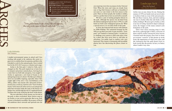 A magazine spread from "Inspired by the National Parks" (Schiffer Publishing, Ltd.) features text about Arches National Park, a quilt-like illustration of Landscape Arch, and a small top-left photo of another national park arch.