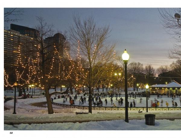 People ice skating at an outdoor rink in a snowy city park at dusk, with string lights, street lamps, and Boston landmarks featured in "Boston Wide" by Schiffer Publishing, Ltd., evoking a panoramic Boston winter scene.