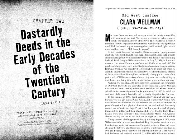 The left chapter title page reads “Dastardly Deeds in the Early Decades of the Twentieth Century (1900–1919),” while the right page of *California's Deadly Women* (Schiffer Publishing, Ltd.) starts Clara Wellman’s story from Riverside County.