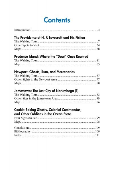 The "Guidebook to Haunted & Strange Places in Rhode Island and Surrounds" by Schiffer Publishing, Ltd. features a table of contents listing introductions, chapters on Lovecraft, Newport, Jamestown, oddities, ghost tours, maps, and conclusions.