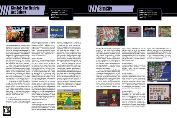 A two-page spread from Schiffer Publishing, Ltd.'s The SNES Omnibus compares SimAnt and SimCity, showcasing text, box art, screenshots, and key info on these classic Super Nintendo games in columns.