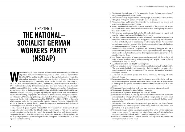 A two-page spread from Heinrich Himmler by Schiffer Publishing, Ltd. shows the title "Chapter 1: The National-Socialist German Workers Party (NSDAP)" with introductory text and references to Himmler and the Waffen-SS in the two-column body text.