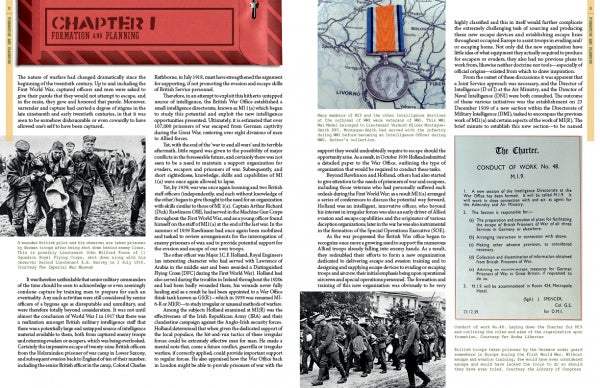 A two-page spread from Schiffer Publishing’s "Evasion and Escape Devices Produced by MI9, MIS-X, and SOE in World War II" features text, WWII soldier photos, a medal, The Charter document, columns, and highlighted headers referencing evasion devices.