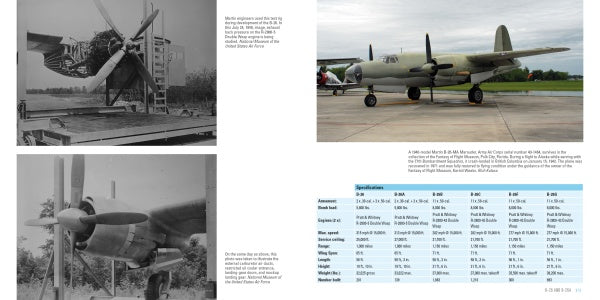 A two-page spread from Schiffer Publishing, Ltd.'s B-26 Marauder showcases vintage and modern photos, close-ups of its twin engines, and a table of specifications for different models and their performance.