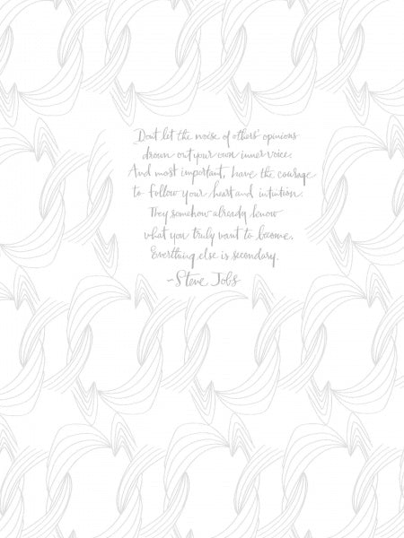 A grey hand-drawn abstract wave background features a centered Steve Jobs quote in cursive, surrounded by white space—evoking watercolor florals from "Painterly Days" by Schiffer Publishing, Ltd.