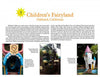 A magazine page from California Theme Parks by Schiffer Publishing, Ltd. showcases Children’s Fairyland with photos of a white tower with a pink roof, a dragon-shaped slide, and a mushroom playhouse under bold, colorful headings.