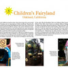 A magazine page from California Theme Parks by Schiffer Publishing, Ltd. showcases Children’s Fairyland with photos of a white tower with a pink roof, a dragon-shaped slide, and a mushroom playhouse under bold, colorful headings.