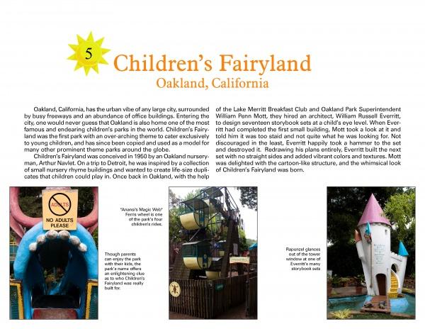 A magazine page from California Theme Parks by Schiffer Publishing, Ltd. showcases Children’s Fairyland with photos of a white tower with a pink roof, a dragon-shaped slide, and a mushroom playhouse under bold, colorful headings.