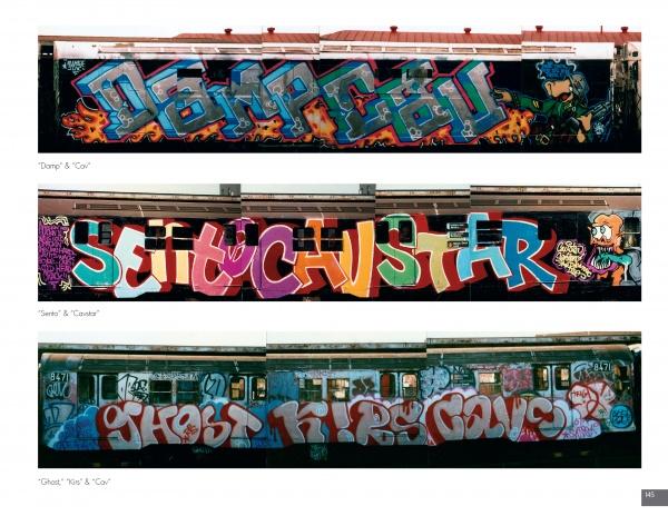 From the Platform: Subway Graffiti, 1983-1989 by Schiffer Publishing, Ltd. showcases three vibrant 1980s New York subway cars, each covered in bold graffiti with colorful lettering, cartoon characters, and stars, reflecting dynamic street art.