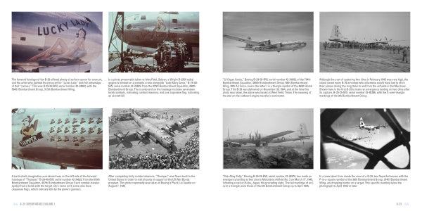 A two-page spread in "B-29 Superfortress, Vol. 1" by Schiffer Publishing, Ltd. features vintage black-and-white photos with captions and historical text on Boeing B-29 and B-50 bombers, crews, nose art, aerial views, and crowds.