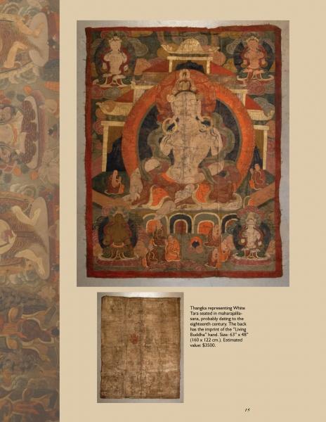 Tibetan Artifacts by Schiffer Publishing, Ltd. showcases a thangka with a central white deity, smaller figures, and ornate patterns in warm hues. Beneath, a faded textile on beige highlights the enduring beauty of Tibetan art.