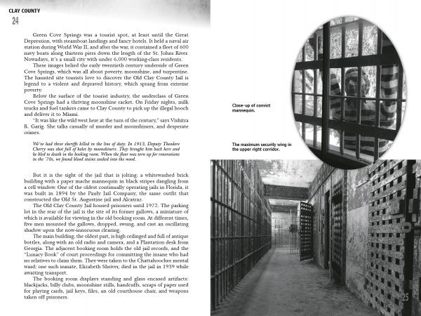 A black and white page from "Women in White" by Schiffer Publishing, Ltd. features text on Clay County jails, an inmate’s face behind bars, and the max security wing—spotlighting one of northeast Florida’s haunted places and ghost stories.