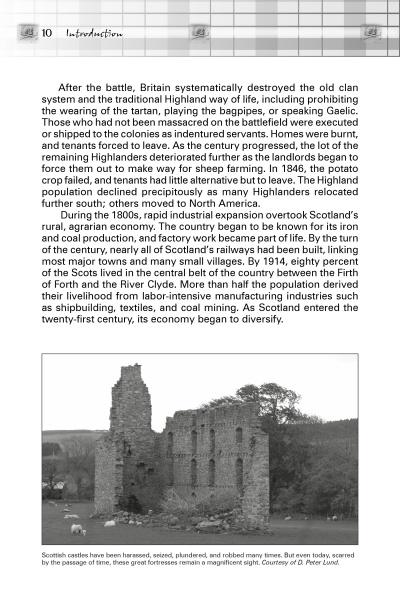 A page from "Scottish Ghosts" by Schiffer Publishing, Ltd. features text on Scottish history above a photo of a ruined stone castle on a grassy hill, evoking the haunted landscapes and ghost stories associated with Scotland.