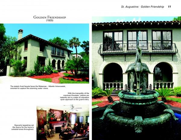 A page from "Casas to Castles" by Schiffer Publishing, Ltd. displays a Mediterranean-style home with a horse fountain courtyard and elegant interiors, highlighting the enduring charm of historic houses and classic Florida architecture.