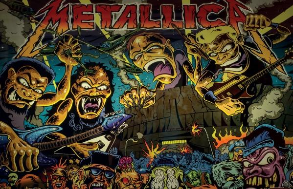 Colorful cartoon artwork in the style of Dirty Donny Gillies, featuring exaggerated band caricatures amid a wild crowd—a pop-art poster gem from "Pinball Wizards & Blacklight Destroyers" by Schiffer Publishing, Ltd.
