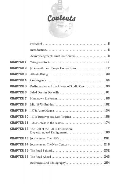 The Atlanta Rhythm Section by Schiffer Publishing, Ltd. features a table of contents with a guitar illustration, chapters on music history and southern rock, highlights of the band, their album Champagne Jam, from Foreword (p.5) to References (p.284).