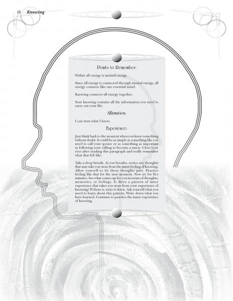 A grayscale illustration of a human head in profile, outlined with concentric lines, features a "Points to Remember" box on mental energy, self-realization, and experience. Background has circular patterns. Product: Within the Power of Universal Mind.