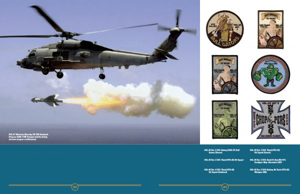A military helicopter fires a missile over water (left); on the right, six colorful United States Navy Helicopter Patches by Schiffer Publishing, Ltd. are shown in two columns above a blue background with white text labels.