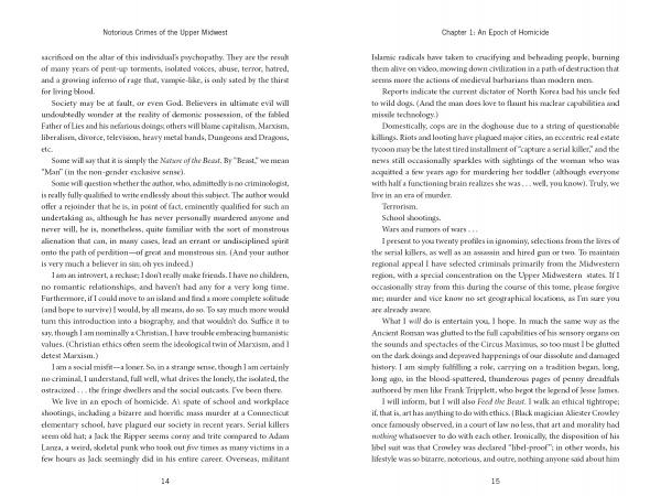 Pages 14-15 of Schiffer Publishing, Ltd.'s *Notorious Crimes of the Upper Midwest* feature dense black text on white, with chapters "Nefarious Omens of the Upper Midwest" and "An Epoch of Homicide," detailing area serial killers and criminals.