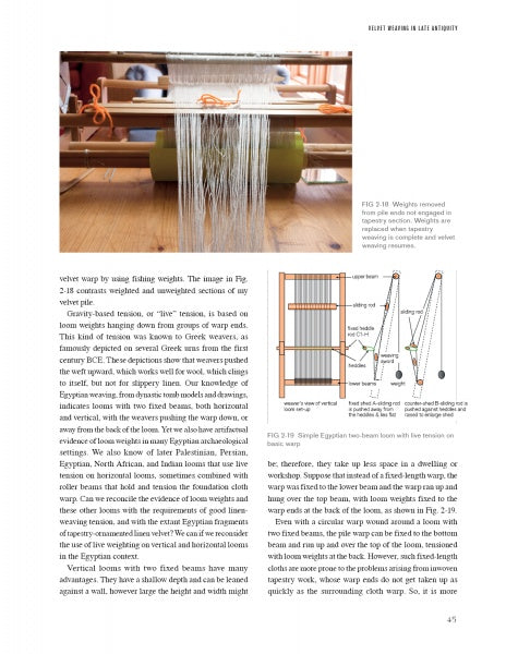 A page from "Velvet on My Mind, Velvet on My Loom" by Schiffer Publishing, Ltd. features text on textile history, a loom photo, and a labeled diagram of a simple Egyptian loom with pulleys and threads.