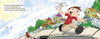A boy in a red shirt runs joyfully on the sidewalk, holding a toy airplane and dreaming of adventure. Colorful houses and a picket fence line the background. "My Father Flies" by Schiffer Publishing, Ltd. appears in the upper left corner.